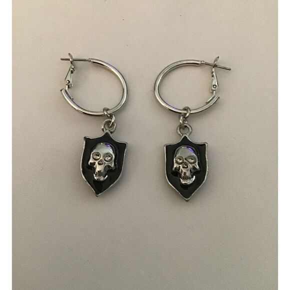 Trendy Silver Skull & Shield Charms Hoop Earrings - Picture 1 of 1